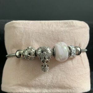 Silver Charm Bracelet with White Bead
